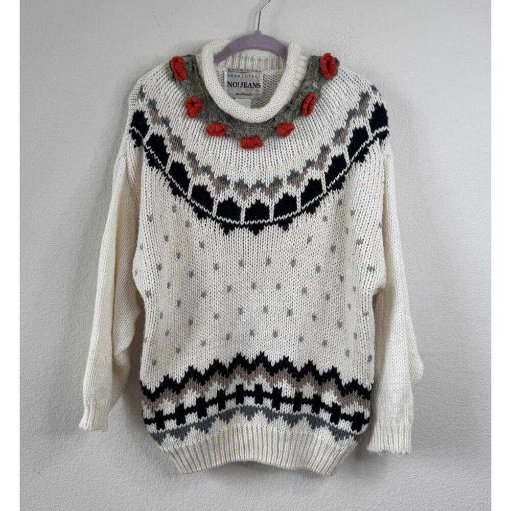 Absolutely No Jeans Handmade Chunky Knit Sweater Nordic Floral Women's L Vtg 90s